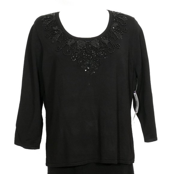 Black Sequin Beaded Trimmed Scoop Neck Sweater 2X - Picture 1 of 3